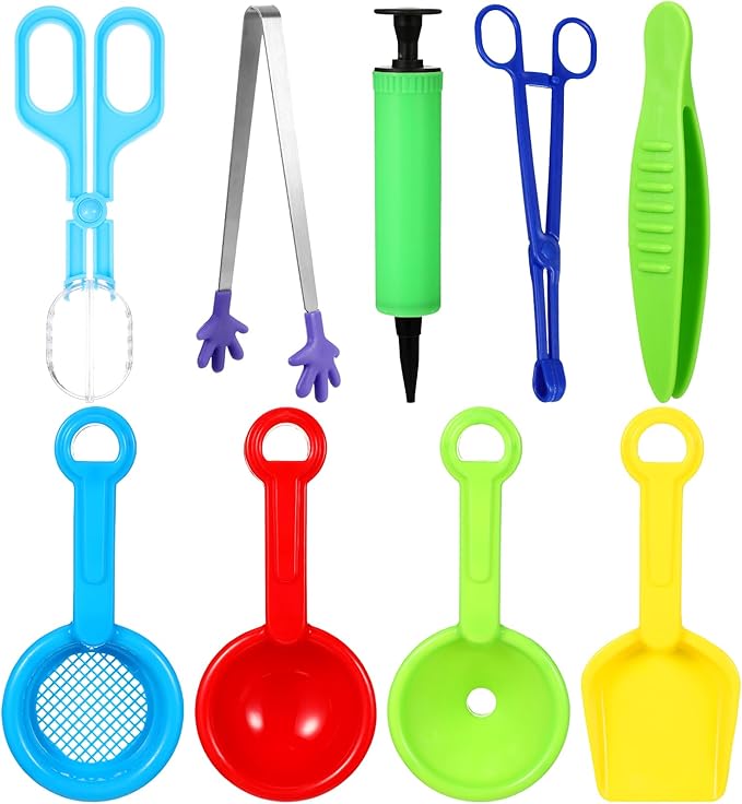 Wettarn 9 Pcs Sensory Bin Filler Fine Motor Skills Handy Scooper Set Sensory Bin Tools, Include 4 Scoops, 2 Tweezers, Scissors Clips, Plastic Forceps and Air Pump for Sorting Counting