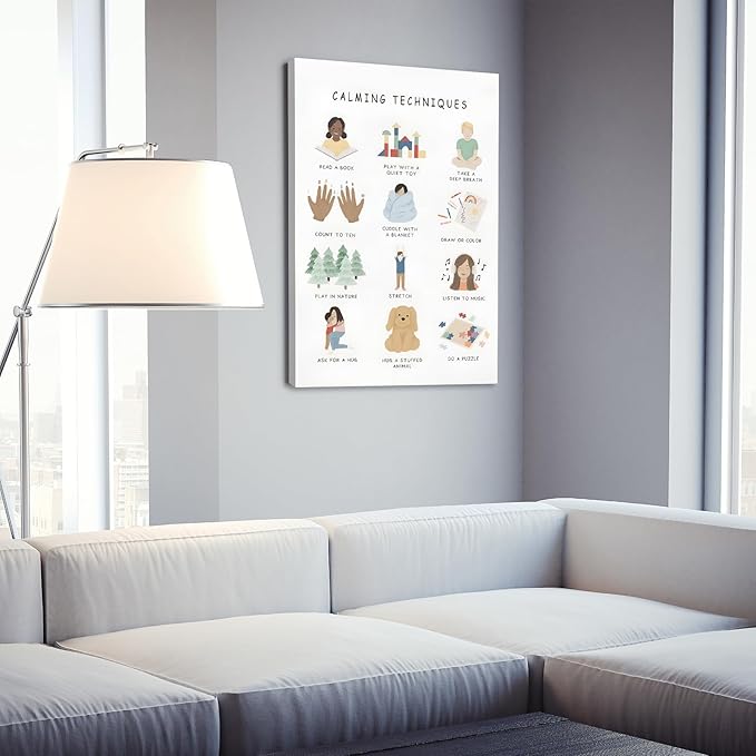 Feelings Calming Techniques Canvas Wall Art Calming Corner Classroom Mental health Posters Boho Emotions Chart for Kids Prints Special Education Wall Decor for Office School 16x24in Framed