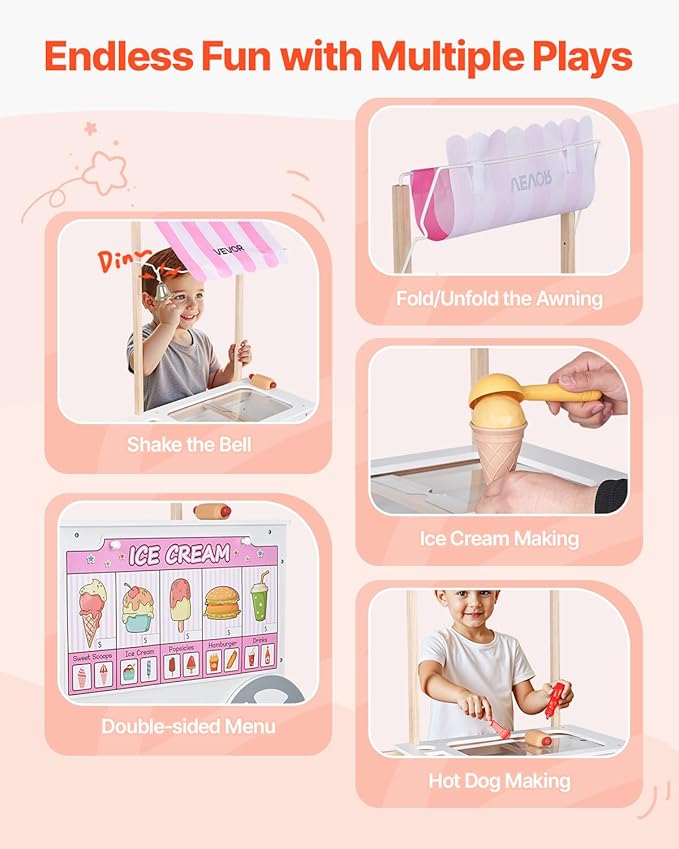 VEVOR Ice Cream Cart for Kids, 20+ PCS Accessories, Pretend Play Ice Cream Shop Kitchen Food Toys with Ice Cream Cone & Popsicle, Awning & Freezer, Storage Drawers & Flipping Menus, for Kids Aged 3-7