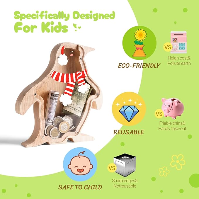 Wooden Christmas Piggy Bank for Kids, Adorable Penguin Piggy Bank with Acrylic Panels, Unbreakable Toddler Money Box for Boys Girls, Cute Saving Coin Jar for Birthday, Decor