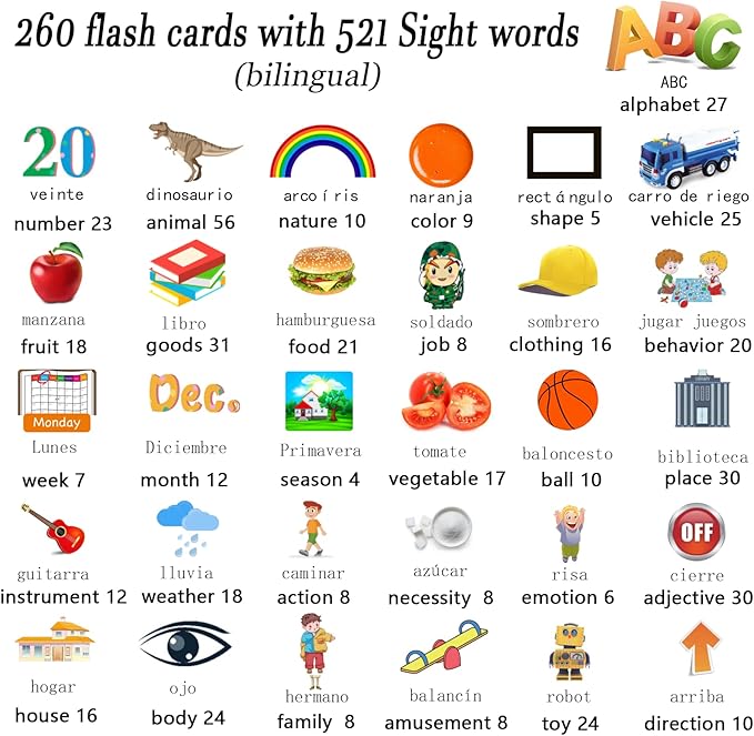 Lapare Spanish and English Bilingual Audible Flash Cards Toy with Music, Learn Spanish and English for Kids, Niñas, Niños, Bebes