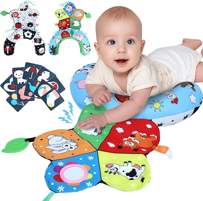 Tummy Time Pillow, High Contrast Tummy Time Mat with Black & White Flash Cards, Double-Sided Tummy Time Cushion with Mirror & Teether Sensory Toys, Baby Toys for Infant Newborn 0-12 Months Babies