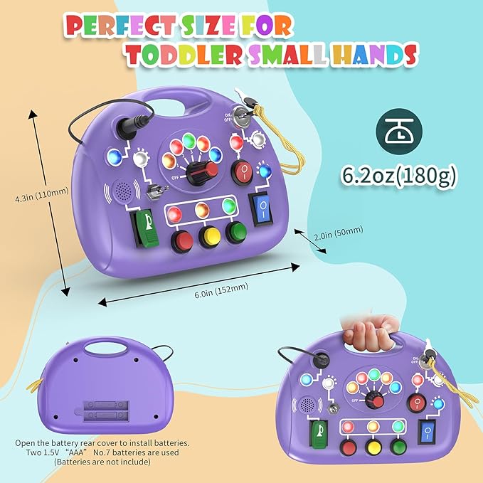 Toddler Baby Busy Board with LED Light, Montessori Busy Board for 1+ Year Old, Baby Sensory Board Toddler Travel Toys for Preschool Learning Activities Boys & Girls Birthday (Purple)