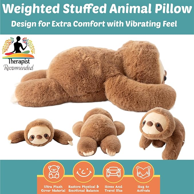 Sloth Sensory Weighted Vibrating Pillow, Pressure Activated for Kids Adults, Plush Minky Soft Size: 11 by 20 inches Pillow Animal, Calming Therapy for Focus and Balance for Gift Birthday