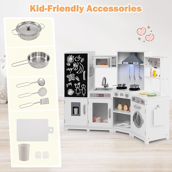 GLACER Corner Wooden Play Kitchen for Kids, Large Pretend Play Kitchen Playset with Sound, Light, Chalkboard, Microwave, Ice Maker, Washing Machine, Accessories, Toy Kitchen Set for Ages 3+ (White)