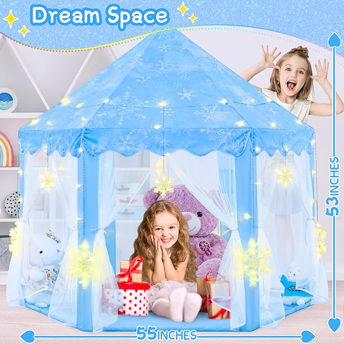 EVOIONOS Frozen Princess Tent for Girls, Play Tent with Large Snowflake Lights for Kids, Castle Playhouse for Children Indoor Outdoor Games, 55 x 53 inches, Blue