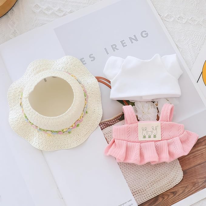Clothes for Dolls Accessories (No Doll), Kawaii Shirt Skirt Outfit Set 3 Pieces for 15cm 17cm Doll Suit, Stylish Dolls Hat Shirt Clothing Set Replacement Pink