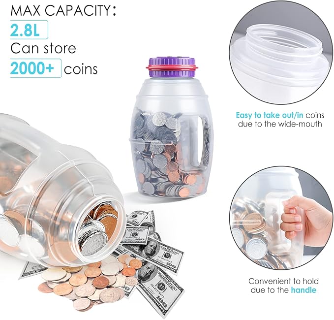 X-Large Piggy Bank for Adults Kids, Vcertcpl Digital Coin Counter Jar Money Counting Bank with LCD Counter, 2.8L Capacity Totals up Your Savings, Change Counter Coin Bank Designed for All US Coins