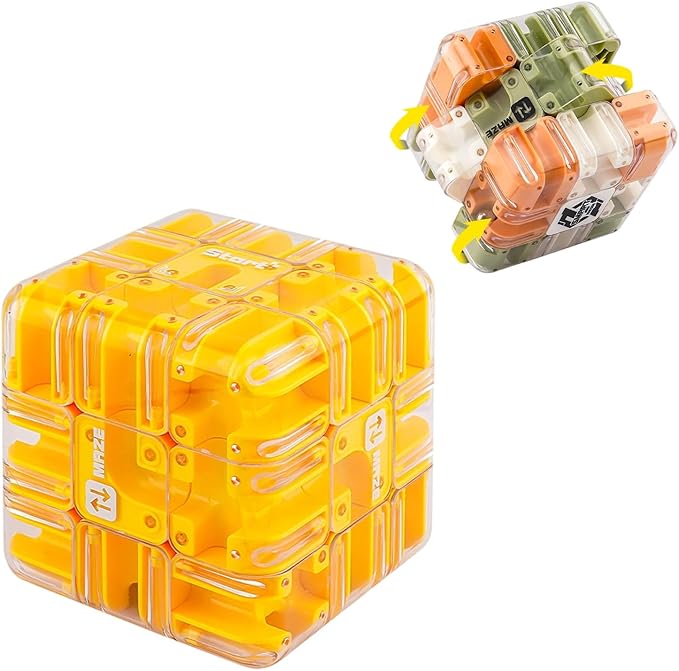 Large Labyrinth 3D Puzzle Maze Cube, Two-in-One Twist Cube Ball Maze Brain Teaser Toy, Stress Relief Fidget Game for Teens and Adults, Logic & Focus Training Gift (E-Yellow)