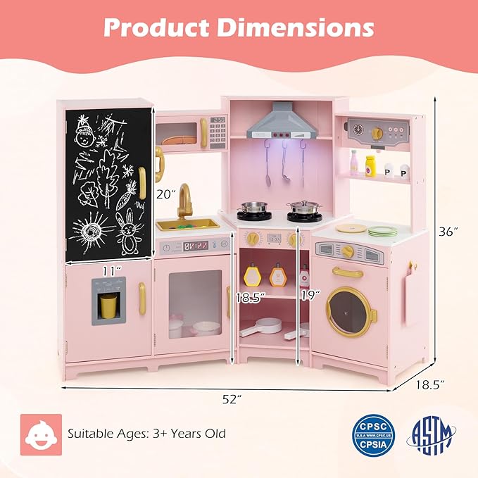 GLACER Corner Wooden Play Kitchen for Kids, Large Pretend Play Kitchen Playset with Sound, Light, Chalkboard, Microwave, Ice Maker, Washing Machine, Accessories, Toy Kitchen Set for Ages 3+ (Pink)