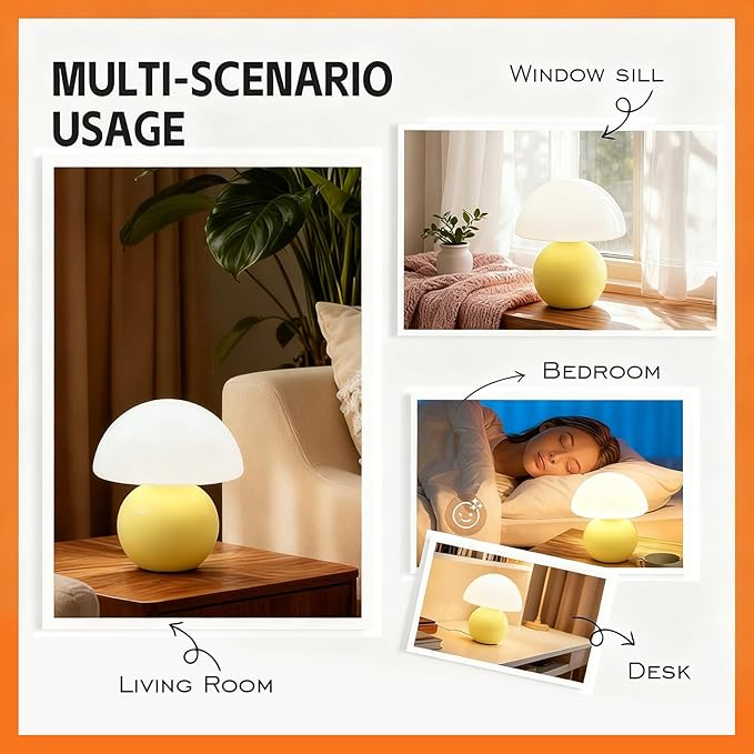 Aesthetic Room Decoration, Bedroom nightstand lamp, Yellow Mushroom Table lamp, Small lamp, Warm Light ambiance, Special lamp for Bedtime Reading/Nighttime Navigation