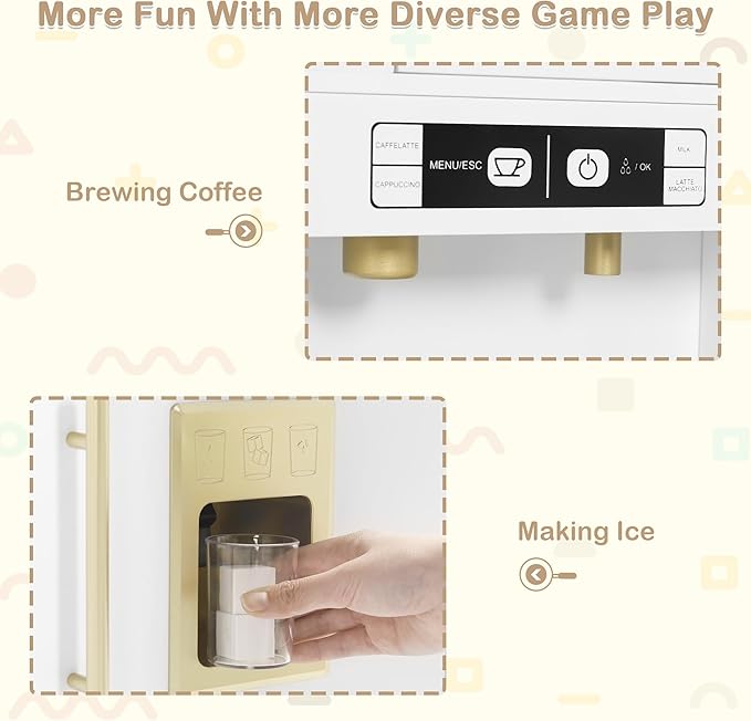Kids Kitchen Playset, Wooden Play Kitchen with Toy Storage System, Pretend Play Kitchen Set Toy with Range Hood, Ice Maker & Coffee Maker, for Kids Ages 3+, White