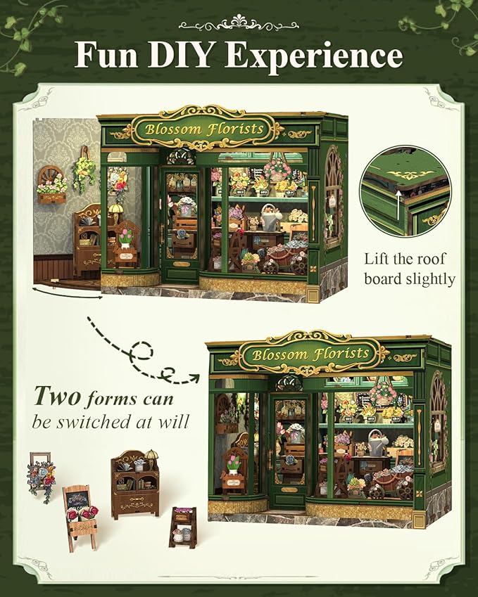 Cutefun Book Nook Kit - DIY Miniature House Dollhouse Kit, Book Nook Kits for Adults, Bookshelf Insert Bookend with LED Light for Teens and Adults (Blossom Florists)