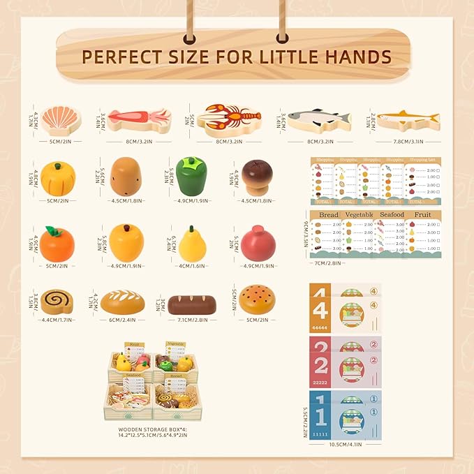 Wooden Play Food Sets for Kids Kitchen,Grocery Store Play Food Set,Play Toy Foods for Toddlers with Mesh Grocery Bag&4 Boxes,Pretend Play Fake Food Accessories Birthday Gifts for Girls Boys