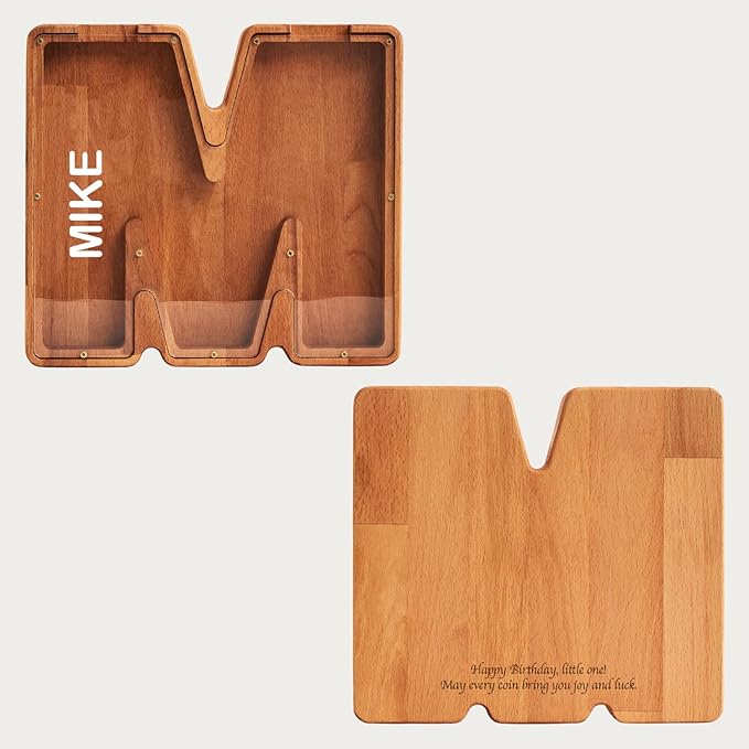 Personalized Wooden Piggy Bank – Custom Letter M Coin Bank in Beech Wood with Clear Acrylic Front, Engraved Name Option, Money Saving Box for Kids and Adults