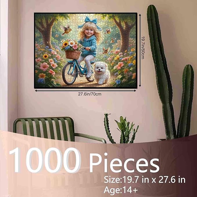 Tucocoo 1000 Piece Jigsaw Puzzle for Adults, Cute Girl on Bicycle with Puppy and Flowers – Whimsical Fantasy Puzzle for Adults, Scenic and Relaxing Art Puzzle for Stress Relief, Wall Decor DIY Gifts