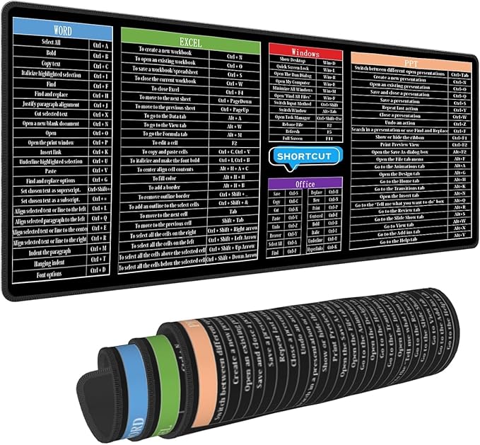 Excel Mouse Pad，Excel Cheat Sheet Desk Pad，Gaming Mouse Pad, Non-Slip Rubber Base Mousepad, Stitched Edges, 31.5x11.8 inch for Home Office