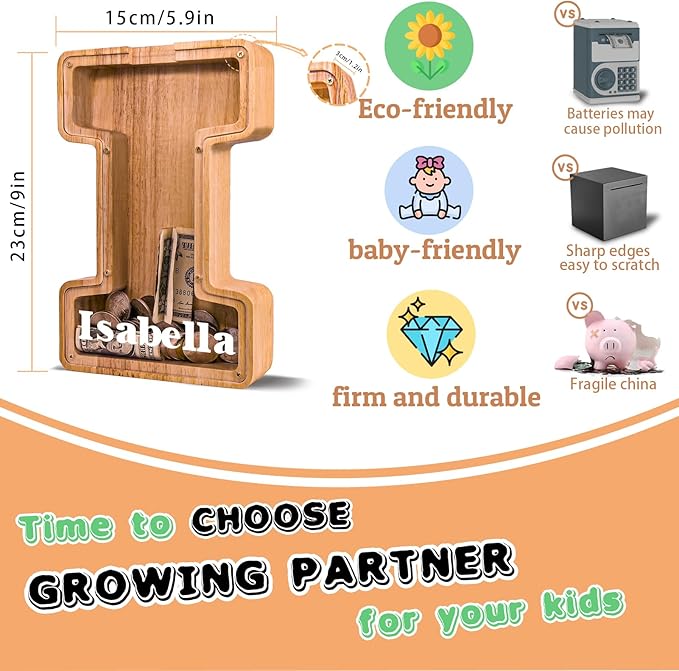 Wooden Letter Piggy Bank for Kids Larger Letter Piggy Bank for Boys and Girls Personalized Piggy Bank Initial Coin Bank Wood Kids Money Bank for Birthday and Festival