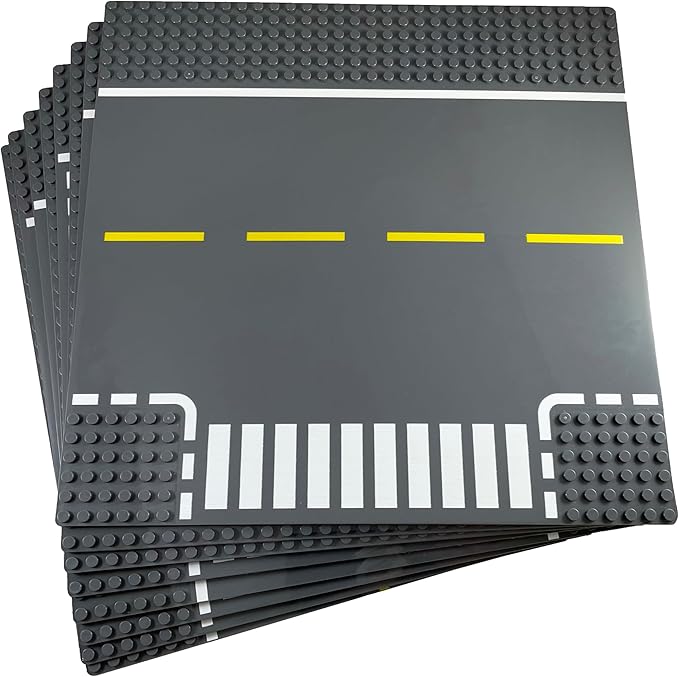Apostrophe Games Road Baseplate – Premium Building Blocks Base Plates Compatible with All Major Brands – 8pcs Baseplate Gray with Road Design – Straight, Curve, Crossroad, T-Junction Gray Base Plates