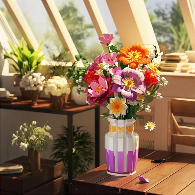 Dual-Tone Vase Flowers Bouquet Building Set, 16 Artificial Flowers Bouquet Sets for Adults & Women & Home Decor Living Room, Compatible with Lego Flowers Bouquet Botanicals Collection, 1278 PCS