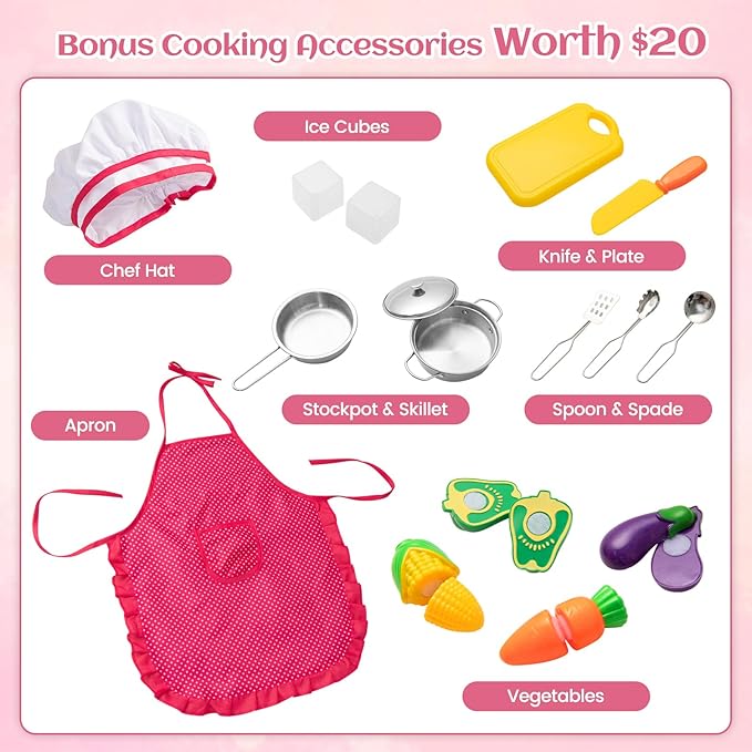 INFANS Kid Kitchen Playset, Toddler Wooden Pretend Cooking Set with Realistic Light & Sound, Stove, Sink, Microwave, Storage Cabinet, Play Kitchen Toy Set for Children Boys Girls