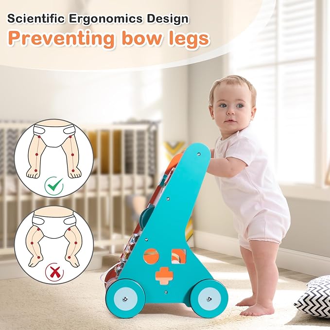 Wooden Baby Walker with Wheels, Walker for Baby Boys 6-12 Months Push Toy, Sit to Stand Activity Walker Learning to Walk