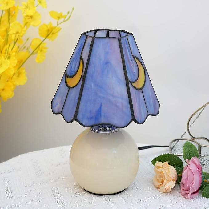 Mushroom Lamp Tiffany Stained Glass Moon lamp Cute Small Bedside Table Lamps for Living Room Home Decor,Girls Women Birthday Christmas Thanksgiving Day Gift,Pink Blue