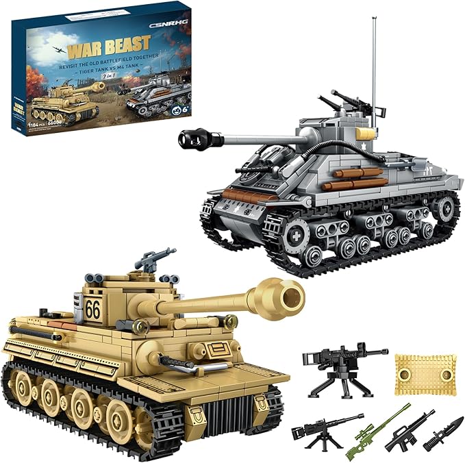 WW2 2 in 1 Army Tank Building Blocks Kit Create an American M4 Sherman & a German Tiger Tank Military Toy Sets Birthday for Age 6+ Children Teens Adults 1184 Pieces