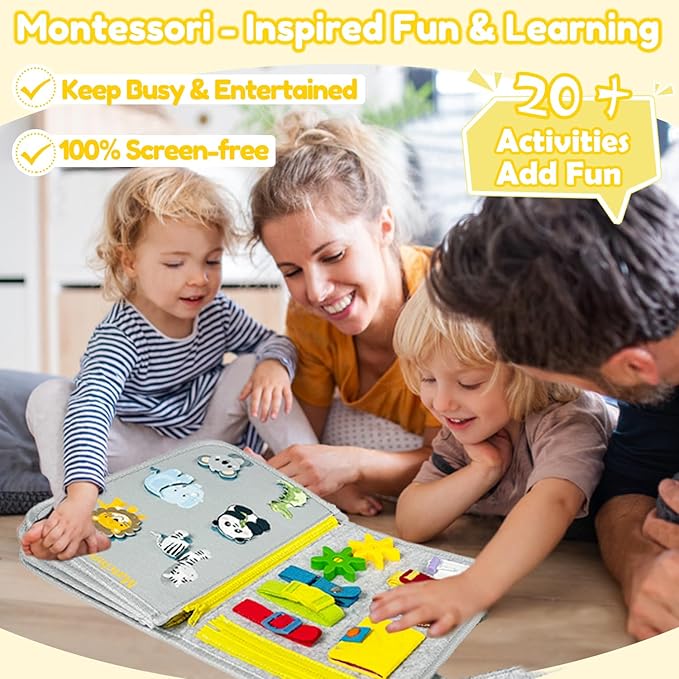 Qizfun Busy Board Montessori Toy for Toddlers, Educational Sensory Learning Toy for Fine Motor Skills, Preschool Travel Toy for Airplane & Car, Gifts for Boys and Girls