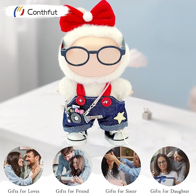 Overalls Doll Clothes,17cm/15cm Dolls Outfit Set,Stylish Clothes Set Dress Up (No Doll) (Blue Overalls Suit+Bow)