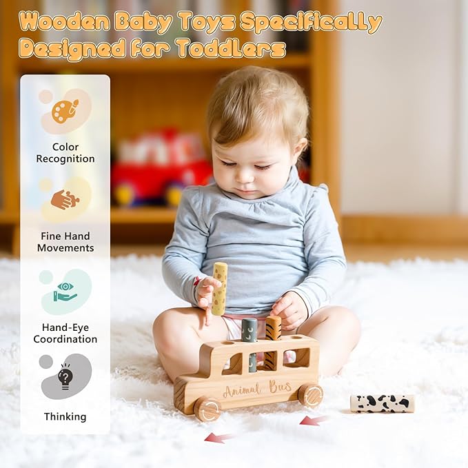 Wooden Pop Up Toys for Babies | STEM Montessori Toys Color Animal Bus for Toddlers | Preschool Learning Toddler Educational Gifts for Kids Boys Girls | Baby Toy Games
