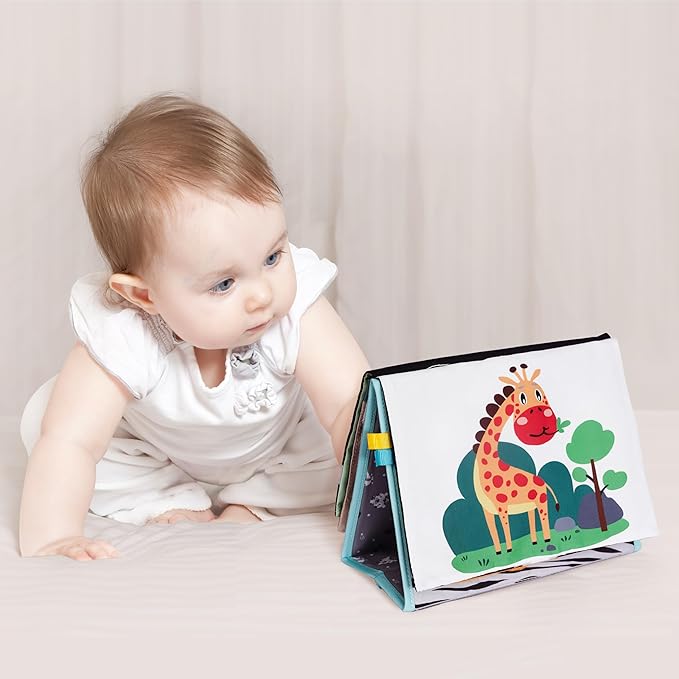 Tummy Time Mirror for Babies - High Contrast Book with Large Stimulating Baby Safe Mirror & Silicone Teether & Crinkle Pages - Perfect Tummy Time Toys for Babies 0 3 6 9 Months