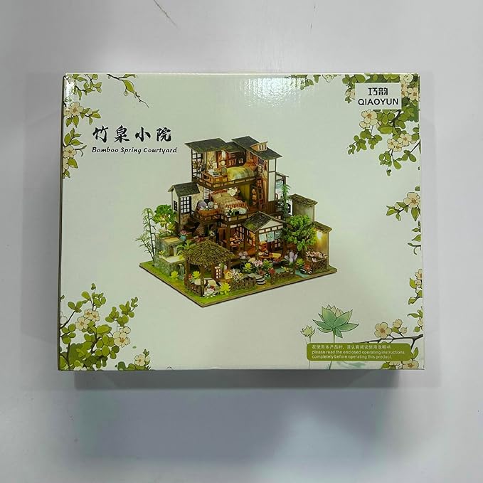 Miniature House Kit, Tiny House Kit with Light, DIY Mini House Building Kits for Adults to Building, Unique Gift for Birthday Christmas, Bamboo Spring Courtyard