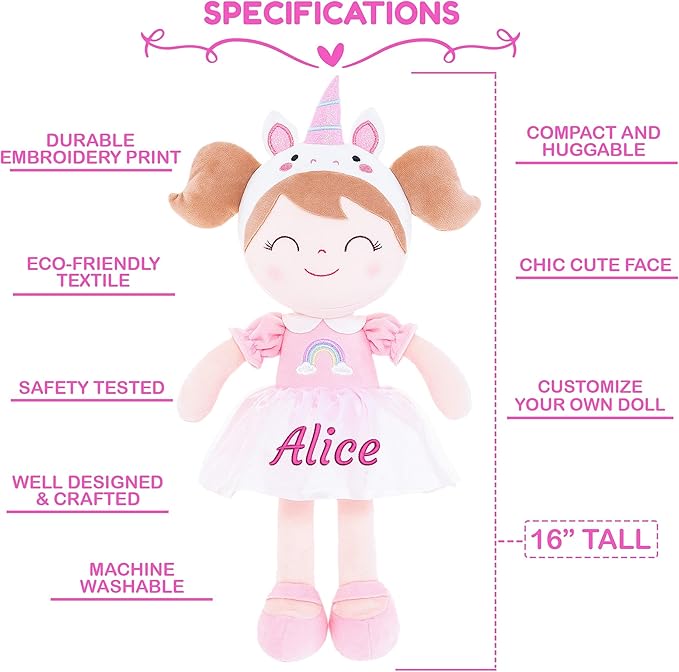 Gloveleya Personalized Doll with Embroidered Name - Pink Unicorn Custom Plush Doll for Girls Cute Plush Doll Customized Gift - Muñecas de Trapo Personalizadas para Niñas