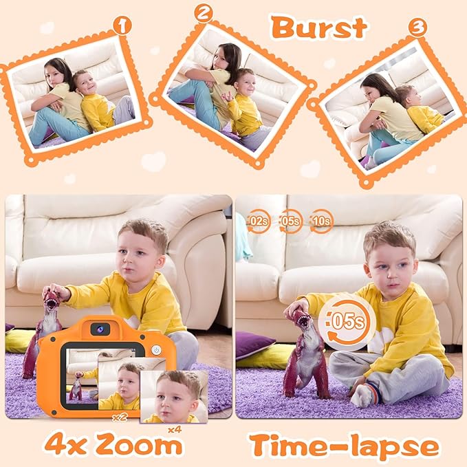 PROGRACE Orange Kids Camera, Birthday for Girls and Boys Ages 3-12, HD Digital Video Camera for Toddlers, IPS HD Screen, Portable Toy with 32GB SD Card