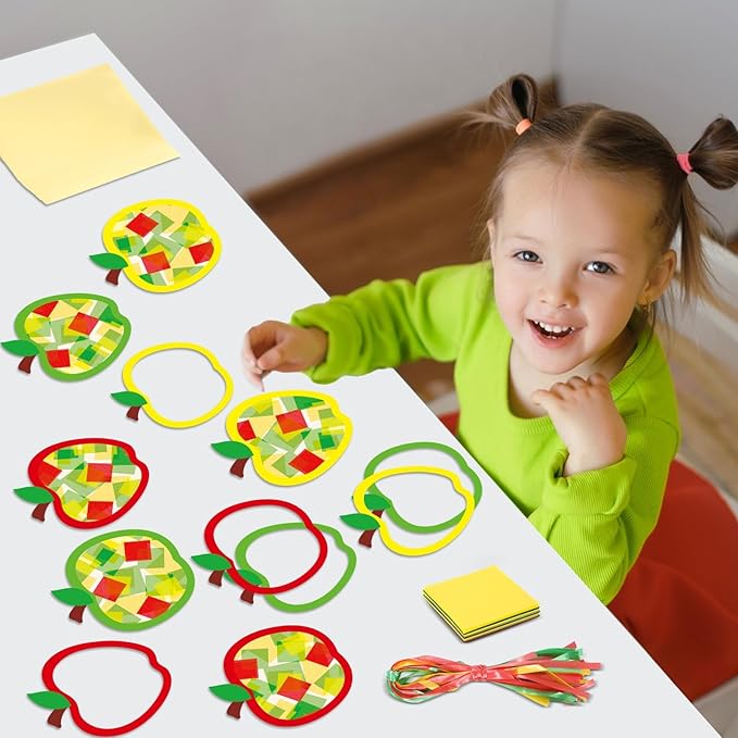 Qyeahkj 36 Set Fall Apple Suncatchers Crafts for Kids DIY Autumn Window Tissue Paper Craft Kit Hanging Decor for Classroom Home Activity Art Project Birthday Party Favor Gift