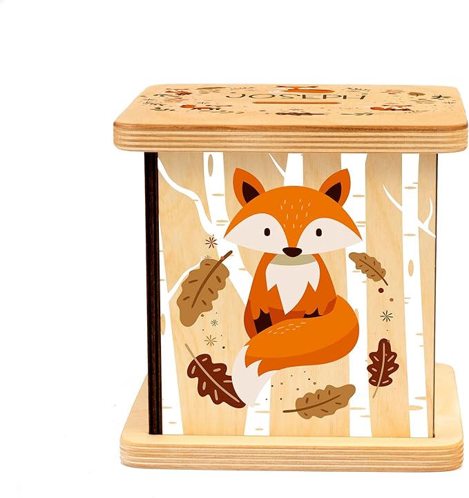 Wooden Piggy Bank for Kids and Adults, Personalized Gift Handmade in USA by BloomOwl, Custom Piggy Bank, Personalized Banks for Kids, Gifts for Baby Boys and Girls (Woodland Friends) (Woodland- Fox)