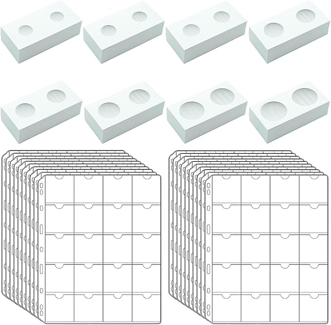 400 PCS Cardboard Coin Flips with 20 Sheets Coin Pocket Pages, 8 Assorted Sizes 2" x 2" Cardboard Coin Holders Coin Flips Coin Collection Supplies for Dime, Dollars, Penny, Quarter, Nickels Collecting