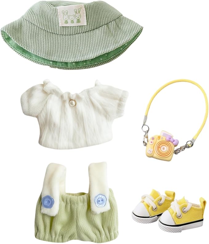 Clothes for Dolls Accessories (No Doll), Cute Outfit Set 5 Pieces Bib Pants for 15 & 17cm Doll Suit, Stylish Dress Up Overalls Doll Clothing Set Replacement with Hat Clothes Shoes Green