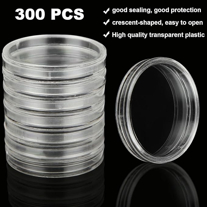 300 PCS Coin Capsules 30mm Plastic Coin Storage Box, Assorted Sizes Coin Collection Supplies Clear Coin Storage Case, Round Silver Dollar Coin Holders with Foam Protect Gasket (17/20/25/27/30mm)