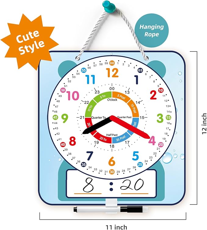 2 Pack Magnetic Writable Dry Erase Teaching Clock with Pen, Large 12" Teaching Demonstration Clock for Kids Learning Time with Cute Style for Home School Classroom Supplies(12" x 11")