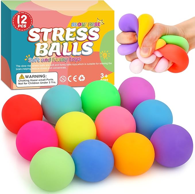 12 Pack Slow Rising Stress Ball,Stress Balls for Kids Adults,Stretchy Fidget Toys for Stress Relief,Hand Therapy Sensory Squishy Ball, Squishy Toys for Kids, Classroom Prize Box Party Favors