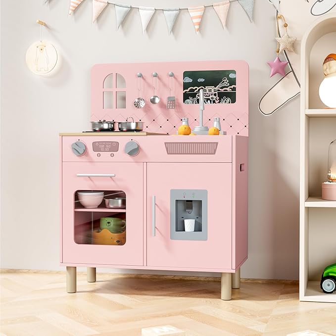 MAMIZO Wooden Kids Play Kitchen Set with Real Lights & Sounds, Interactive Pretend Kitchen with Knob Sounds, Sink, Water Dispenser, 6 Pcs Cookware & Chalkboard Panel for Toddlers and Children (Pink)