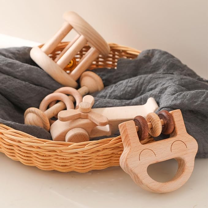 Wooden Baby Rattle Set, Newborn Wooden Rattle Toy, Natural Wooden Montessori Baby Grip Toy, Baby Gift Toy, Wood Rattle Set-1