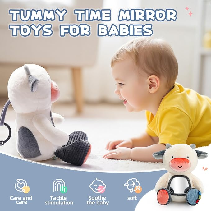 Koty Musical Tummy Time Toy,Baby Mirror Toy 3 Years Old, Infant Sensory Toy with Crinkle Sounds, Textures, Mirror & Melody Music Box for Tummy Time and Self-Discovery (White Cow)