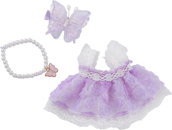 17cm Doll Clothes Set & Dolls Outfit 3-Piece Handmade Doll Clothing Set with Purple Dress Necklace and Butterfly Decor Accessories for 17cm Plush Dolls, Clothes Only, No Doll Included (Purple B)