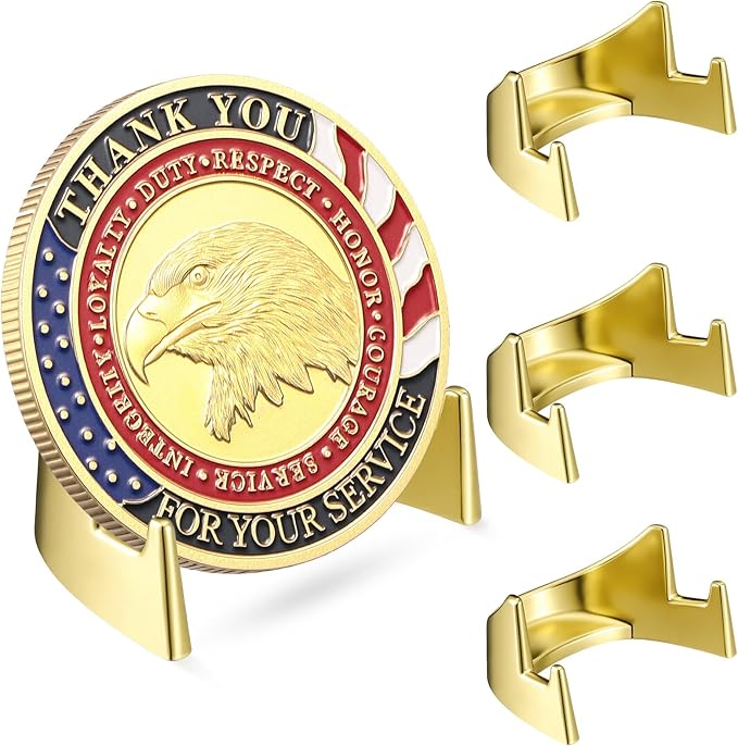 4 Pcs 1.69 Inch Metal Challenge Coin Display Stand Military Coin Holder Medallion Token Holder for Veterans Collectors Fits 2 Inches and up Coins Medals Pocket Watches(Gold)