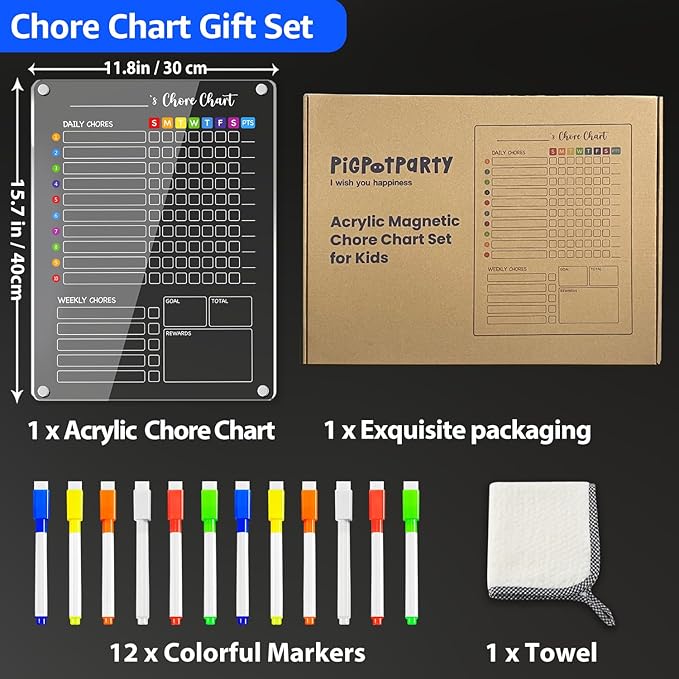 PigPotParty Acrylic Magnetic Chore Chart for Kids, 12"x16" Reward Responsibility Chart, Chores Checklist, 1 Weekly Dry Erase Fridge Board for Teens Adult Family Multiple Kids, w/ 12 Markers & Towel