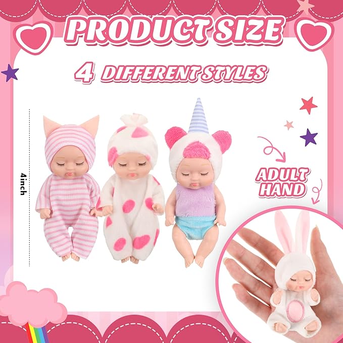 Hanaive 4 Pcs 4 Inch Mini Baby Dolls Lifelike Realistic Baby Dolls Animal Clothes Cute Tiny Gifts for Kids Birthday Party(Lovely Style)