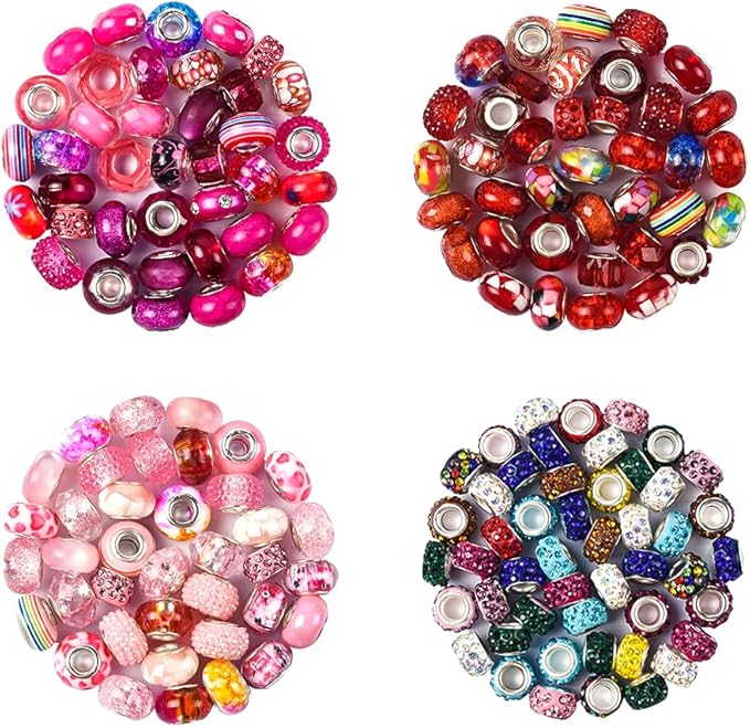 Aipridy Assortment European Large Hole Beads Spacer Beads Rhinestone Craft Beads for DIY Charms Bracelet Jewelry Making (Rose-Red-Rose red)